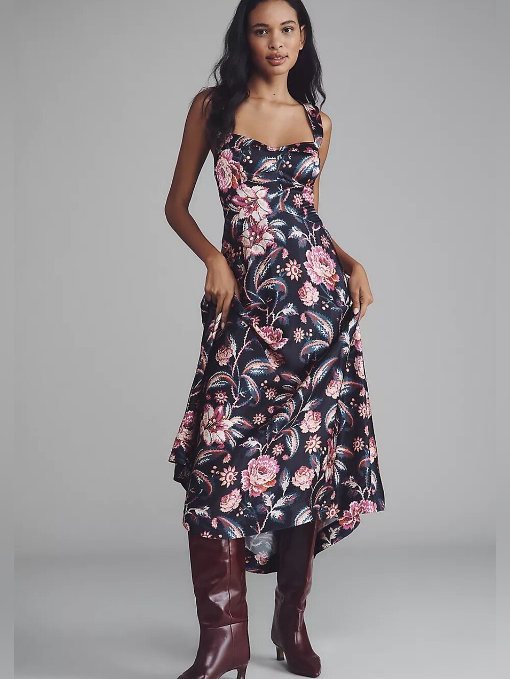 Anthropologie The Jocelyn Black  Pink Floral Sleeveless Slip Midi Dress by Maeve